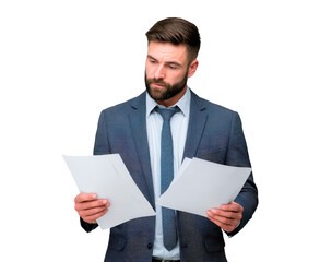 Businessman analyzing documents in a formal suit on transparent background, PNG