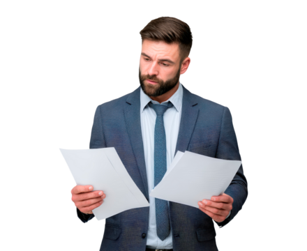 Businessman analyzing documents in a formal suit on transparent background, PNG