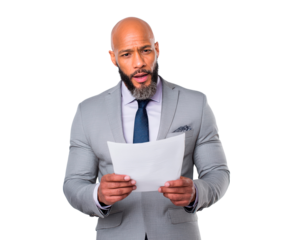 Confident businessman presenting document in formal attire for professional use on transparent background, PNG