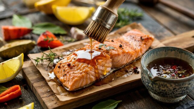 Maple syrup being drizzled onto grilled salmon fillet with herbs and lemon slices on wooden cedar plank board - Powered by Adobe