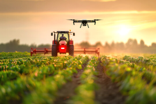 Golden sunset landscape smart agriculture with autonomous drone monitoring and modern tractor machinery for precision farming