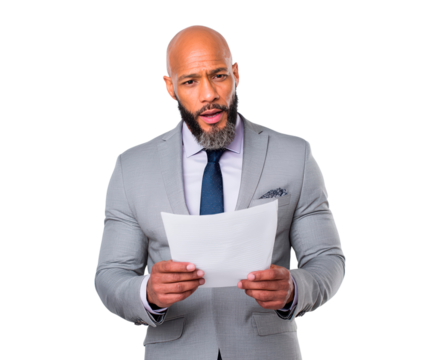 Confident businessman presenting document in formal attire for professional use on transparent background, PNG