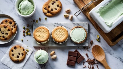 Ice cream sandwich assembly flat lay featuring pistachio ice cream with chocolate chip cookies and various ingredients on marble surface