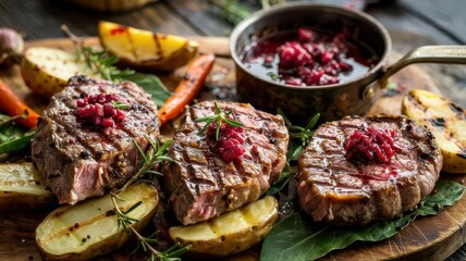 Grilled elk medallions with cranberry sauce on rustic wooden board served with roasted potatoes and fresh herbs