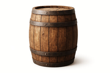 Fototapeta premium Wooden barrel with metal bands on a white background. Vintage storage container, rustic decor
