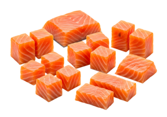 Isolated Cubes of Fresh Raw Salmon Fish with Transparent Background
