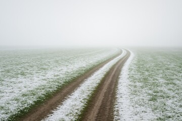 Naklejka premium Tranquil winter rural scene featuring a misty dirt path winding through a field with snow-covered grass, evoking calmness and serenity