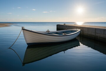 Naklejka na ściany i meble A tiny vessel gently resting by the tranquil harbor reflection