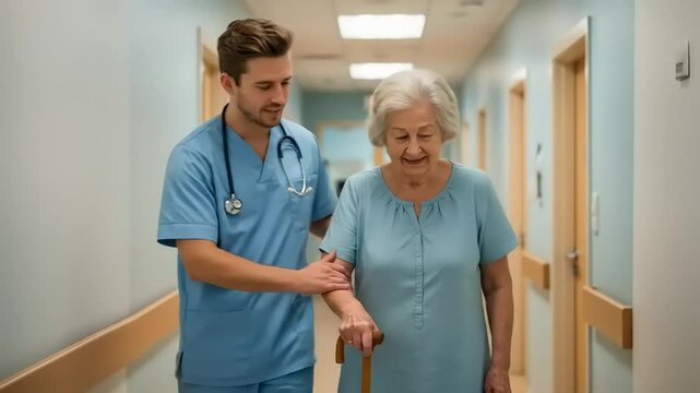 Caring nurse assisting elderly woman with a cane in a bright hospital corridor, promoting health and support