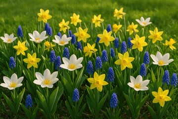 Obraz premium Blooming spring flowers in a garden flower bed
