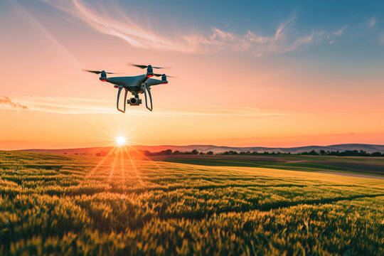 Unmanned drone with camera flying over golden wheat field at vibrant sunset showcasing smart agriculture technology for future crop monitoring and precision farming innovation - Powered by Adobe