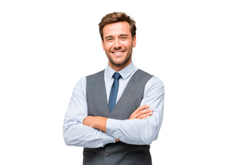 Confident businessman smiling in formal attire on transparent background, PNG