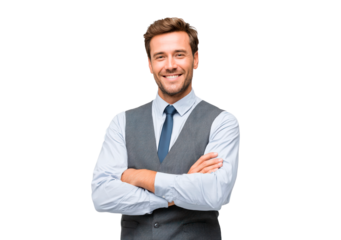 Confident businessman smiling in formal attire on transparent background, PNG