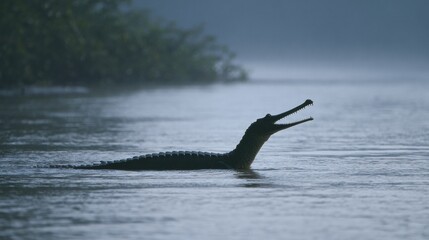Fototapeta premium Gharial Emerging From River at Dawn Shows Sharp Snout Silhouette Against Serene Water Backdrop in Natural Habitat