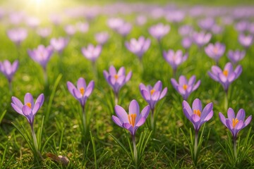 Fototapeta premium Sunlit spring field filled with vibrant purple crocuses
