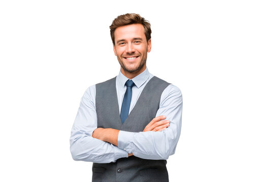 Confident businessman smiling in formal attire on transparent background, PNG - Powered by Adobe