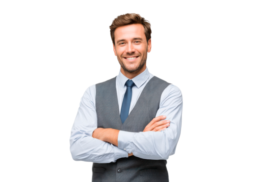 Confident businessman smiling in formal attire on transparent background, PNG