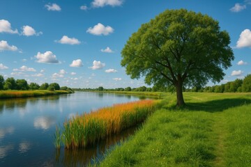 Fototapeta premium Vibrant foliage and trees along a flowing river