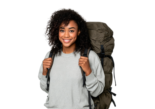 Confident young woman backpacker for adventure and travel designs on transparent background, PNG