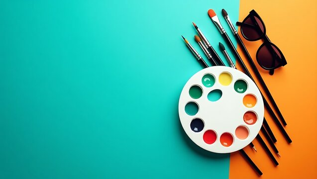 Artistic tools including a paint palette, brushes, pencils, and glasses on a split background