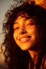 Smiling portrait of a female with curly hair bathed in warm sunlight