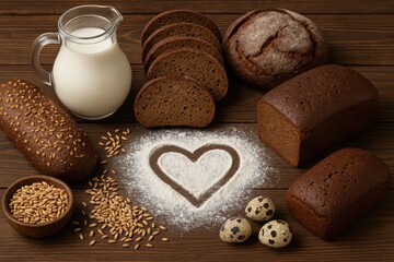 Assorted types of rye bread displayed on a rustic wooden surface accompanied by flour, grains, and quail eggs