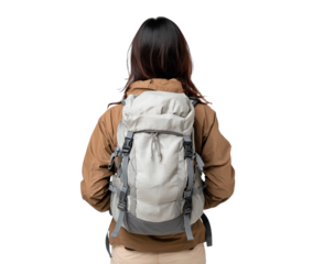 Adventurous woman with backpack ready for exploration and outdoor hiking on transparent background, PNG
