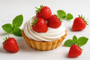 Delicious dessert arrangement featuring strawberries, cream, and fresh mint leaves on a rustic wooden surface