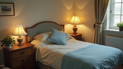 A small heater next to the bed in an elderly man's modest bedroom