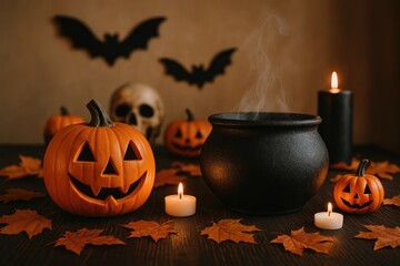 Halloween-themed table setup with a carved pumpkin and a witch's cauldron