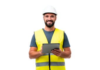 Construction professional with tablet in safety gear for digital project management on transparent background, PNG