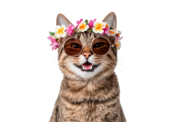 Trendy cat with floral crown and sunglasses on transparent background, PNG