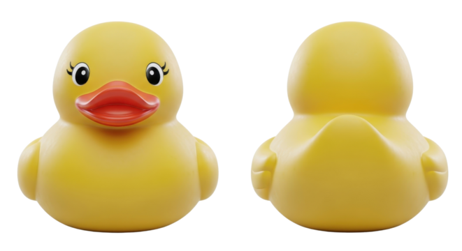 Yellow rubber duck toy front and back view isolated PNG with Transparent Background
