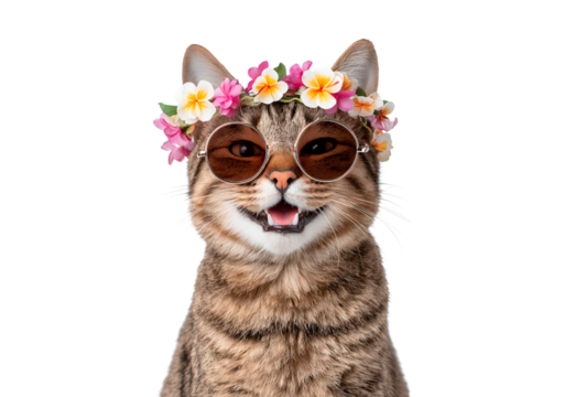 Trendy cat with floral crown and sunglasses on transparent background, PNG - Powered by Adobe