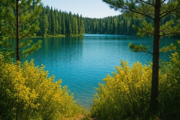 A view of a forest lake's blue waters seen through dense bushes