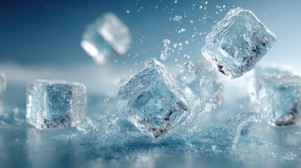 Ice cubes and splashing water on blue background