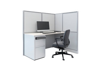 Modern office cubicle with computer and chair for workplace design on transparent background, PNG