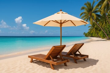 Tropical shoreline with sunshade and lounge chairs