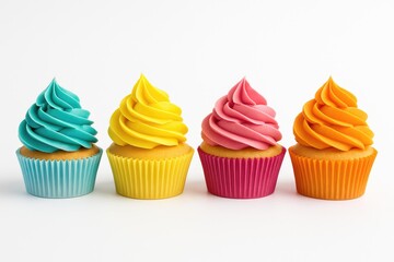 Delicious vibrant cupcakes displayed on a plain white surface