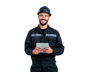 Smiling worker in industrial black uniform with tablet on transparent background, PNG
