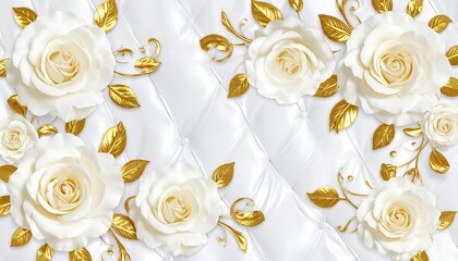White roses with gold accents on quilted background