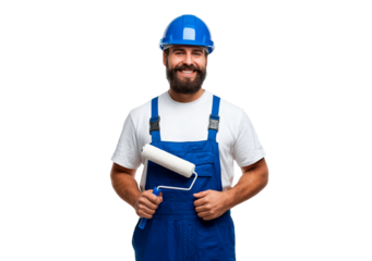 Smiling painter in blue overalls holding roller brush for construction or renovation on transparent background, PNG