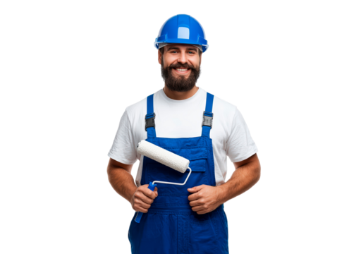 Smiling painter in blue overalls holding roller brush for construction or renovation on transparent background, PNG