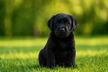 A Labrador puppy resting on a grassy field