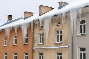 Fototapeta premium Snow-covered rooftops with hanging icicles pose safety hazards after heavy snowfall