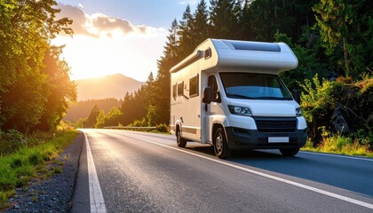 White RV on scenic road at sunset