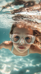 Fototapeta premium Toddler girl swimming underwater with goggles