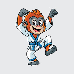 Cute orangutan in karate pose, wearing a white gi with blue belt in a cartoon character illustration