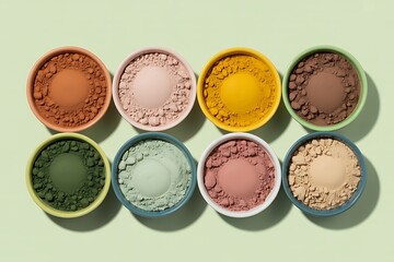A collection of colorful clay powders in small bowls, arranged neatly for a beauty product shot