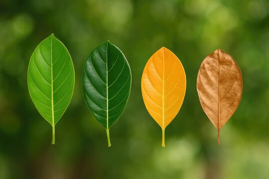 The development stages of jackfruit leaves from fresh green to fully mature and withered